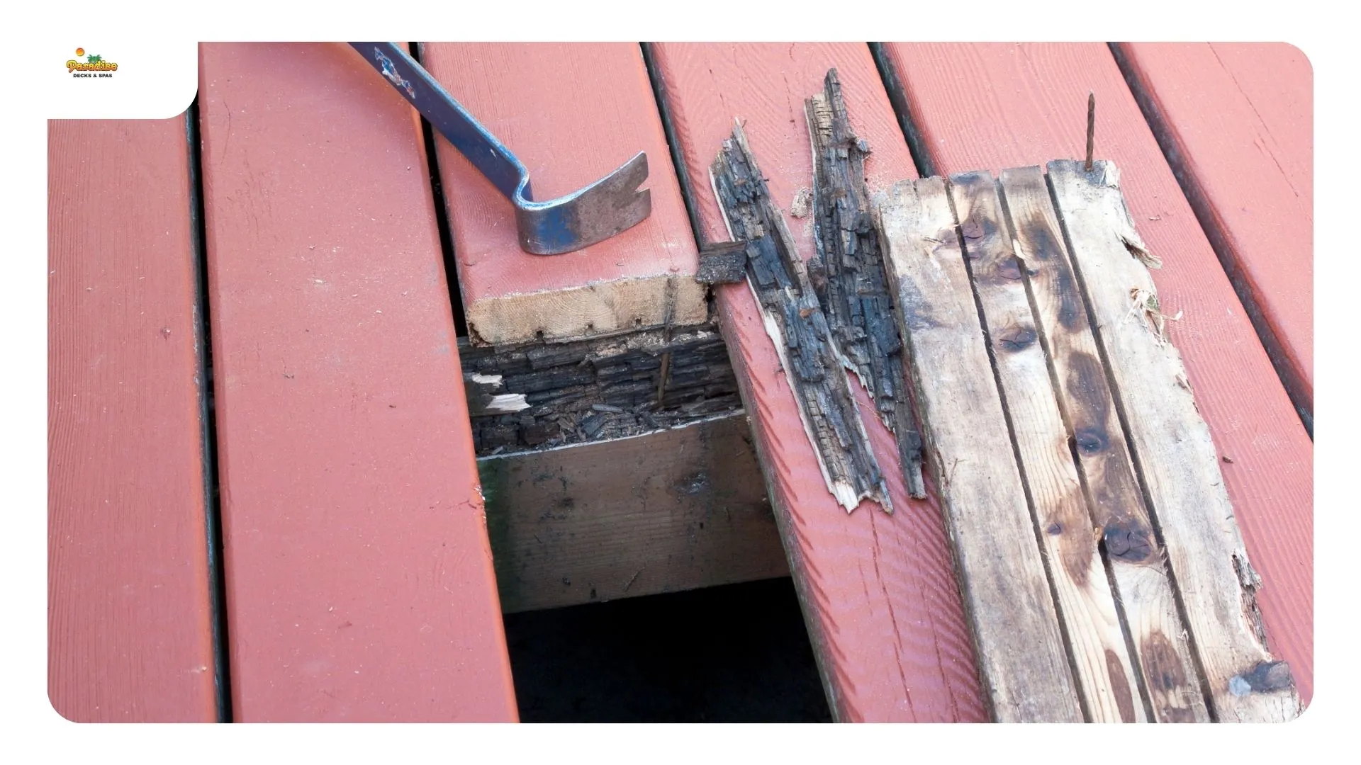 Rotted deck boards lifted to expose the joist underneath on a San Antonio deck